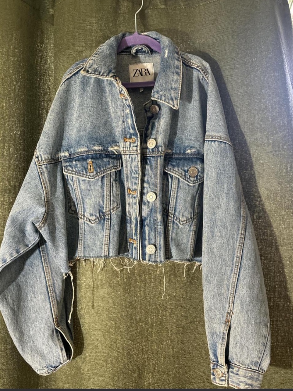 Zara Cropped Raw Hem Oversized Balloon Sleeve Denim Jacket